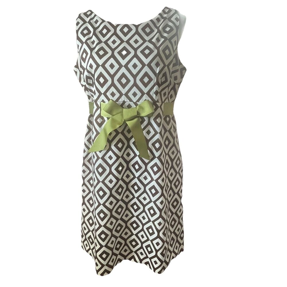 Jessica Howard Women's Sleeveless Dress Brown White Lime Green Sash Lined Sze 12